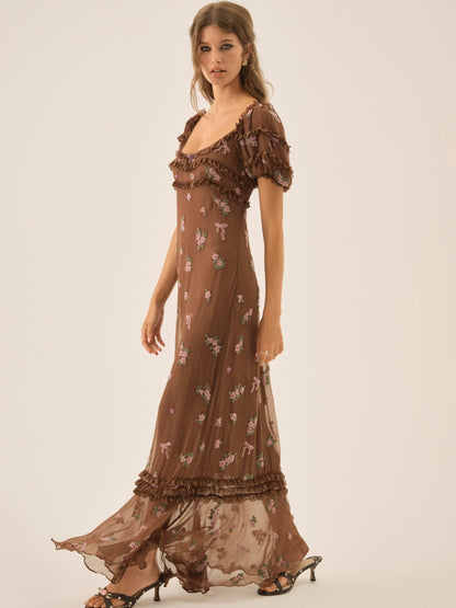 Beaded Garden Bow Maxi Dress Brown - For Love & Lemons