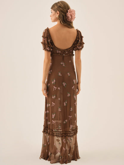 Beaded Garden Bow Maxi Dress Brown - For Love & Lemons