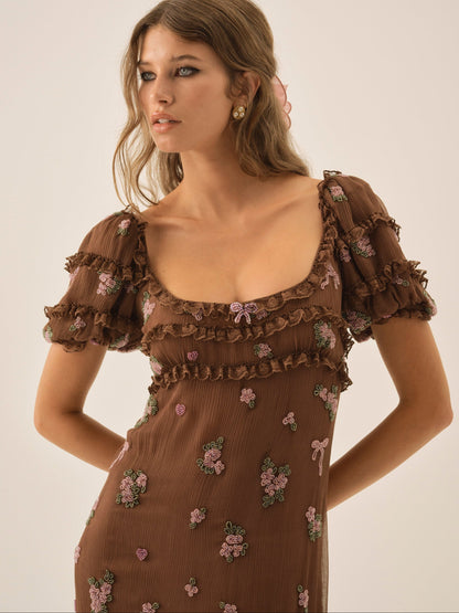 Beaded Garden Bow Maxi Dress Brown - For Love & Lemons