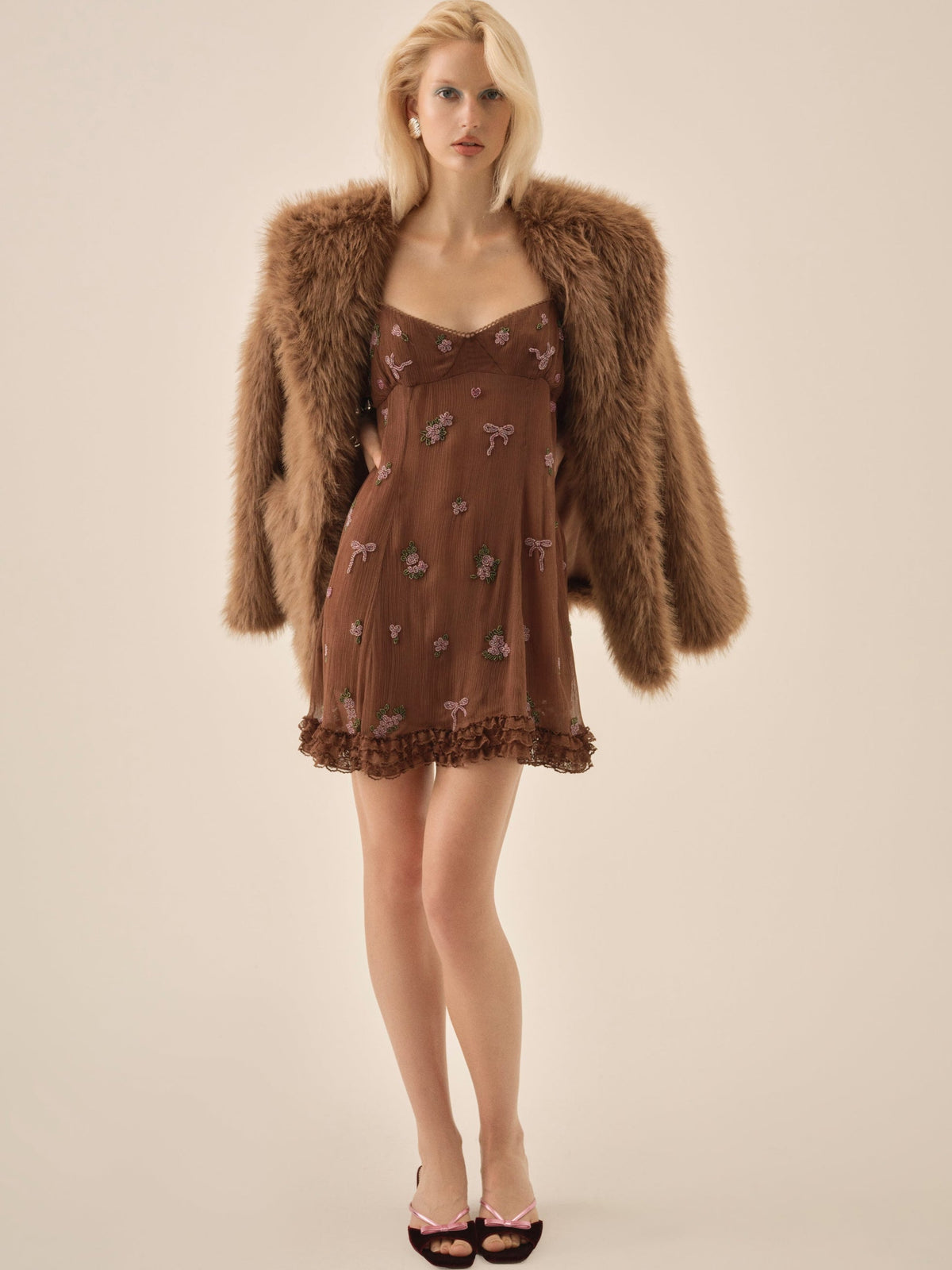 Beaded Garden Bow Mini Dress Brown - For Love & Lemons