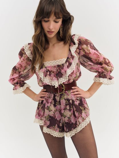 Adeline Floral Romper Brown - For Love & Lemons