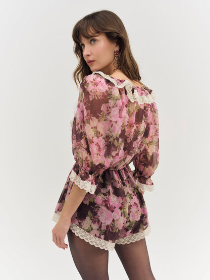Adeline Floral Romper Brown - For Love & Lemons