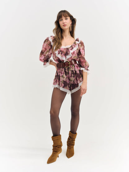 Adeline Floral Romper Brown - For Love & Lemons