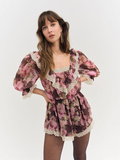 Adeline Floral Romper Brown - For Love & Lemons