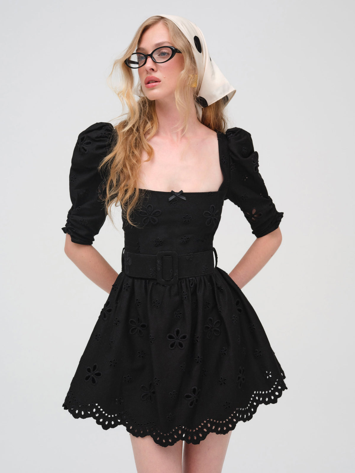 Daisy Eyelet Belted Mini Dress Black - For Love & Lemons