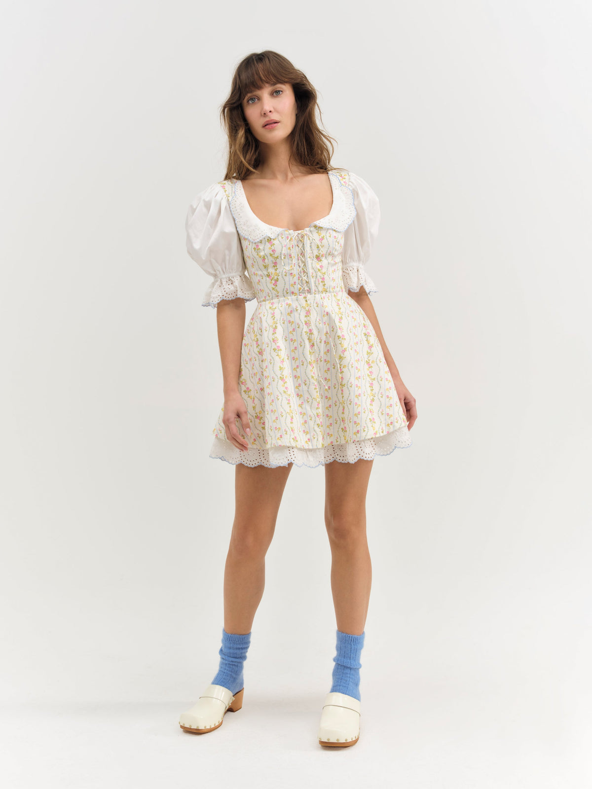 Brigitta Floral Short Sleeve Mini Dress Ivory - For Love & Lemons