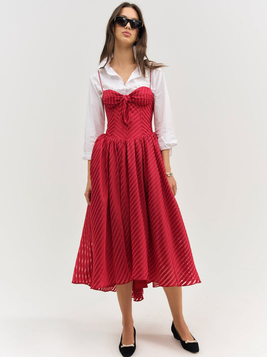Satin Burnout Stripe Midi Dress Red - For Love & Lemons