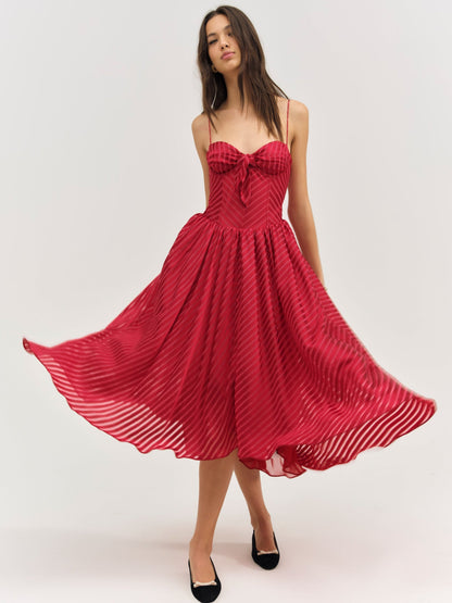 Satin Burnout Stripe Midi Dress Red - For Love & Lemons