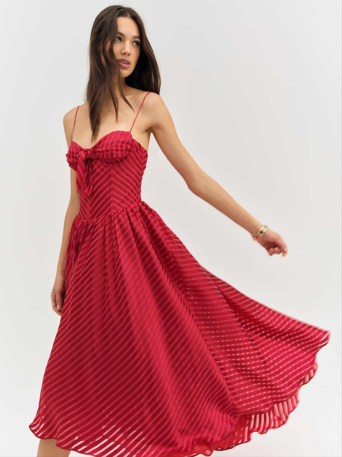 Satin Burnout Stripe Midi Dress Red - For Love & Lemons
