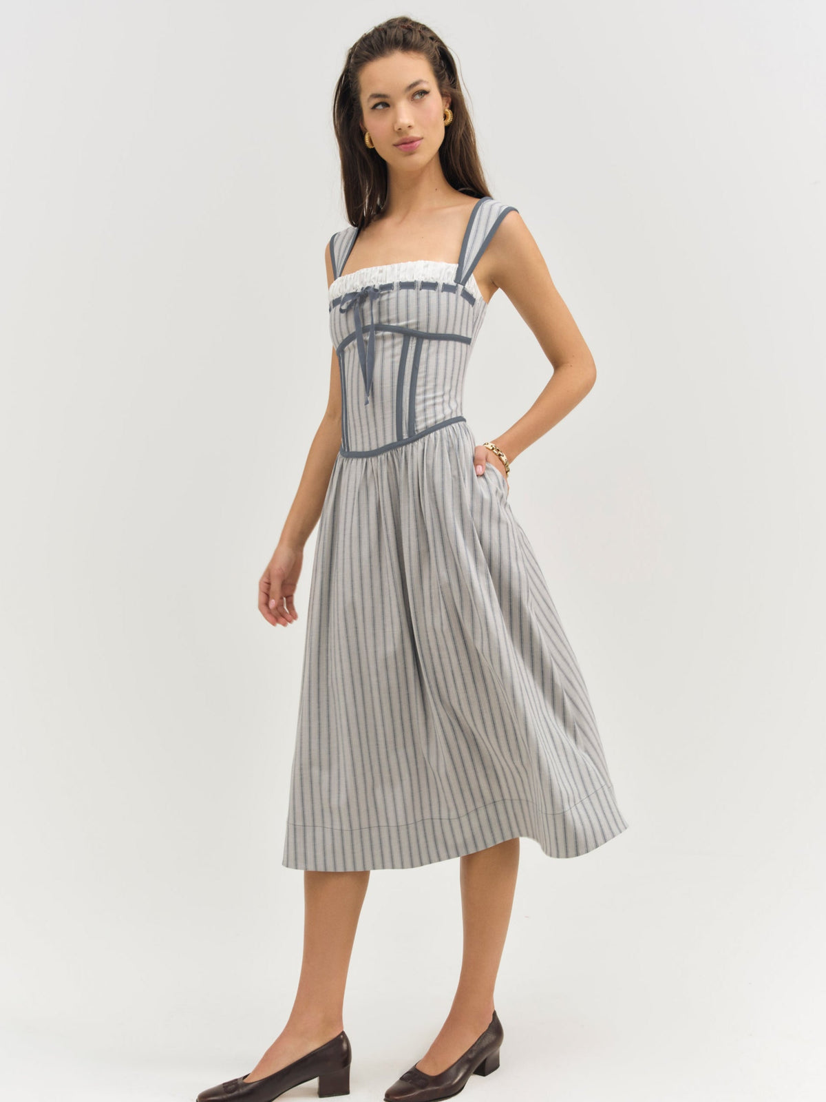 Linen Stripe Midi Dress Blue - For Love & Lemons