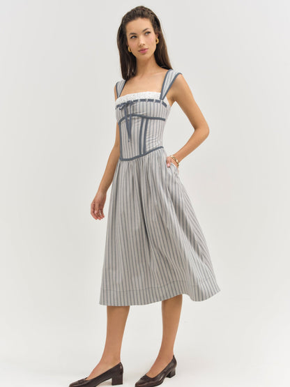 Linen Stripe Midi Dress Blue - For Love & Lemons