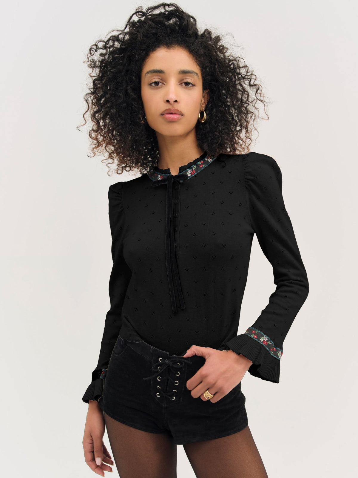 Naomi Knit Long Sleeve Top Black - For Love & Lemons