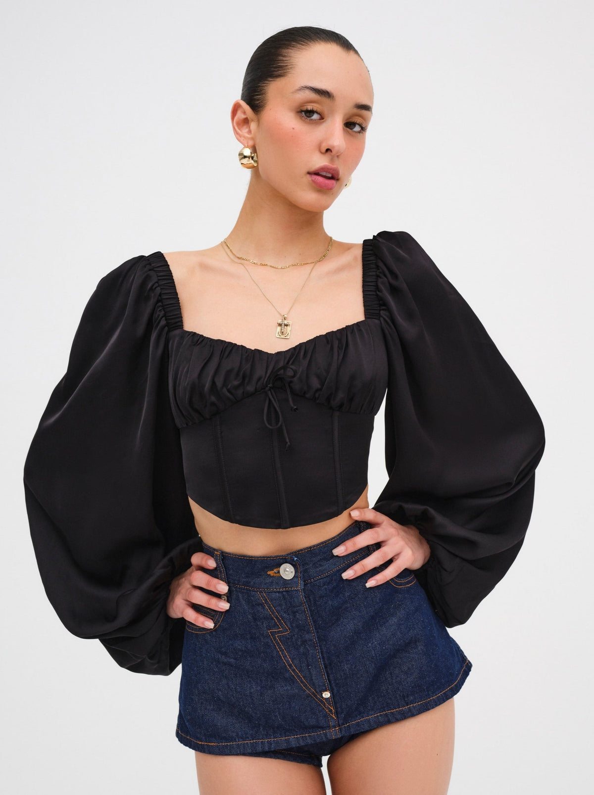 Kat Long Sleeve Corset Top Black - For Love & Lemons