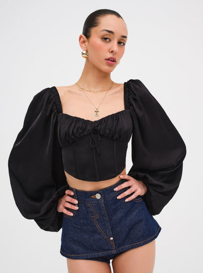 Kat Long Sleeve Corset Top Black - For Love & Lemons