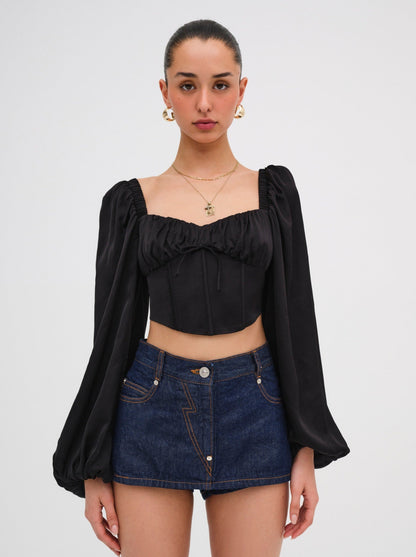 Kat Long Sleeve Corset Top Black - For Love & Lemons