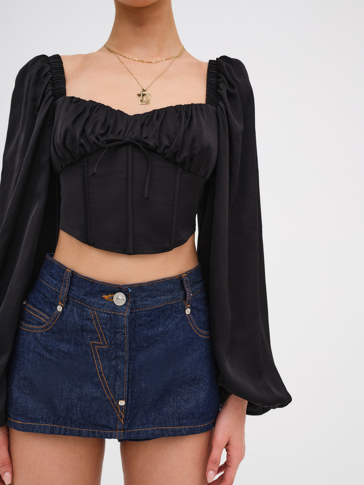 Kat Long Sleeve Corset Top Black - For Love & Lemons
