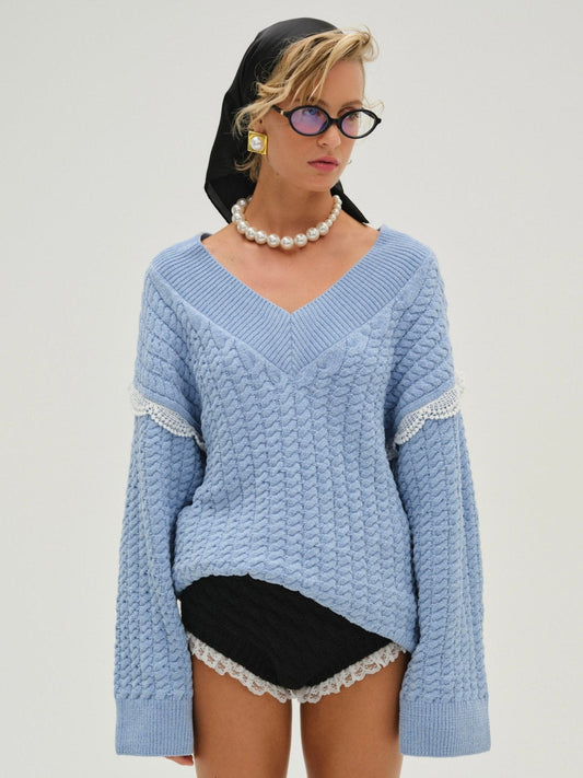 Tierra Oversized V-Neck Sweater Blue - For Love & Lemons