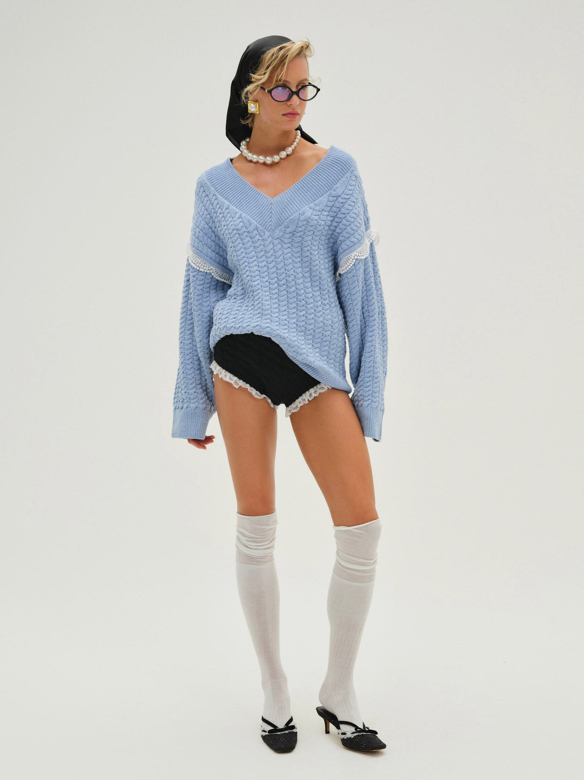 Tierra Oversized V-Neck Sweater Blue - For Love & Lemons