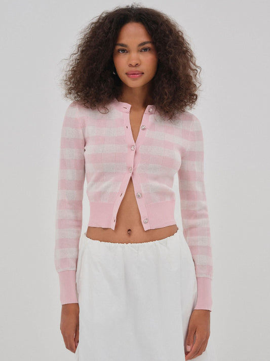 Brushed Gingham Knit Cardigan Pink - For Love & Lemons