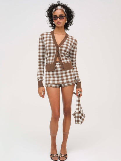 Gingham Knit Cardigan Brown - For Love & Lemons