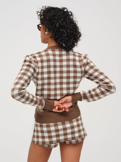 Gingham Knit Cardigan Brown - For Love & Lemons