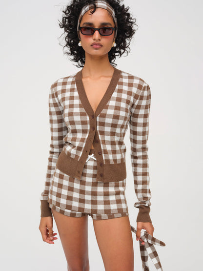 Gingham Knit Cardigan Brown - For Love & Lemons