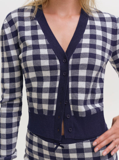 Gingham Knit Cardigan Navy - For Love & Lemons