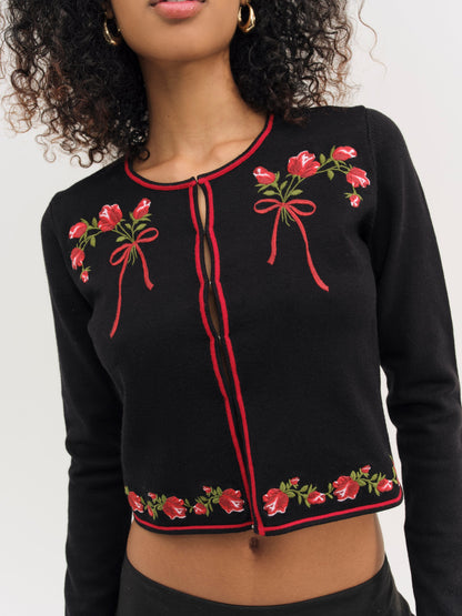 Rose Waltz Embroidered Knit Cardigan Black - For Love & Lemons