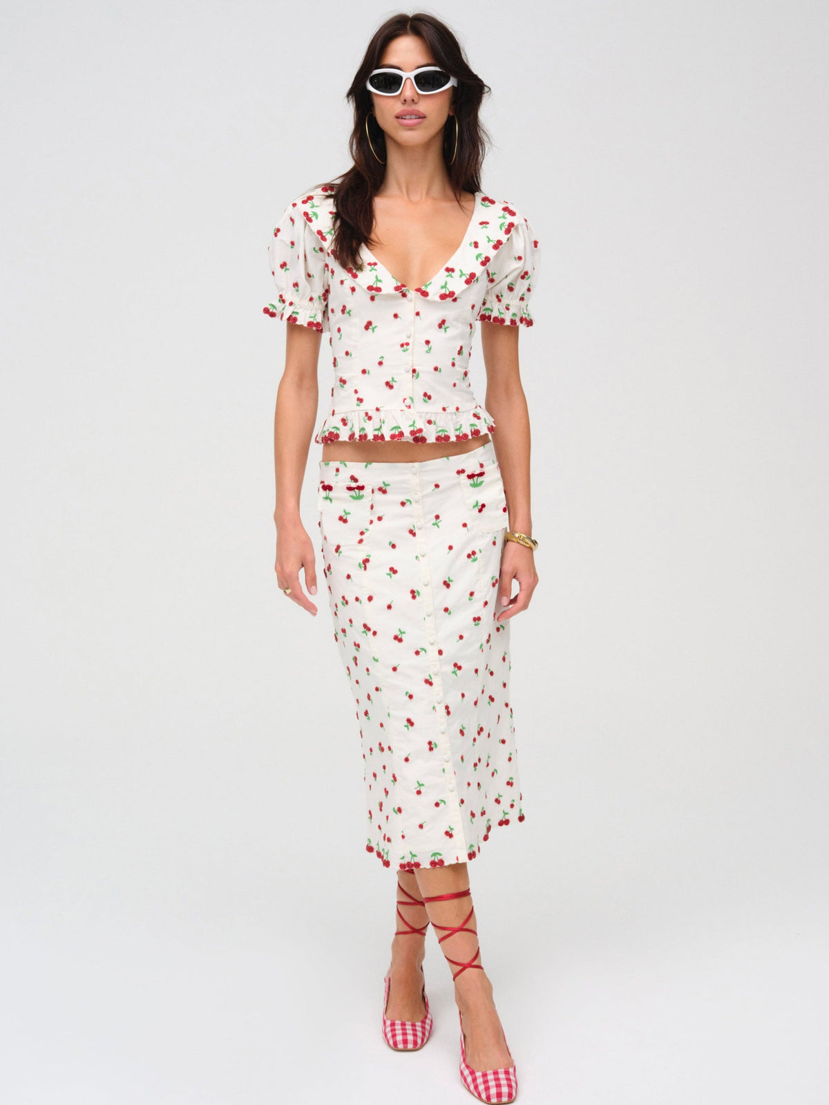 Beaded Cherries Midi Skirt White - For Love & Lemons