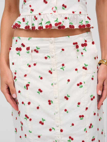 Beaded Cherries Midi Skirt White - For Love & Lemons
