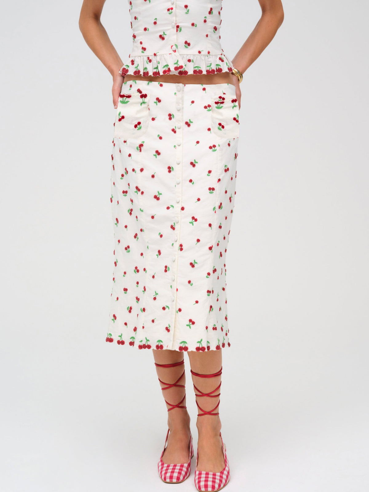 Beaded Cherries Midi Skirt White - For Love & Lemons