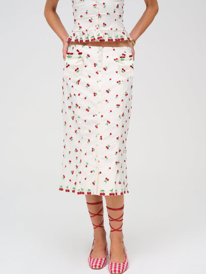 Beaded Cherries Midi Skirt White - For Love & Lemons
