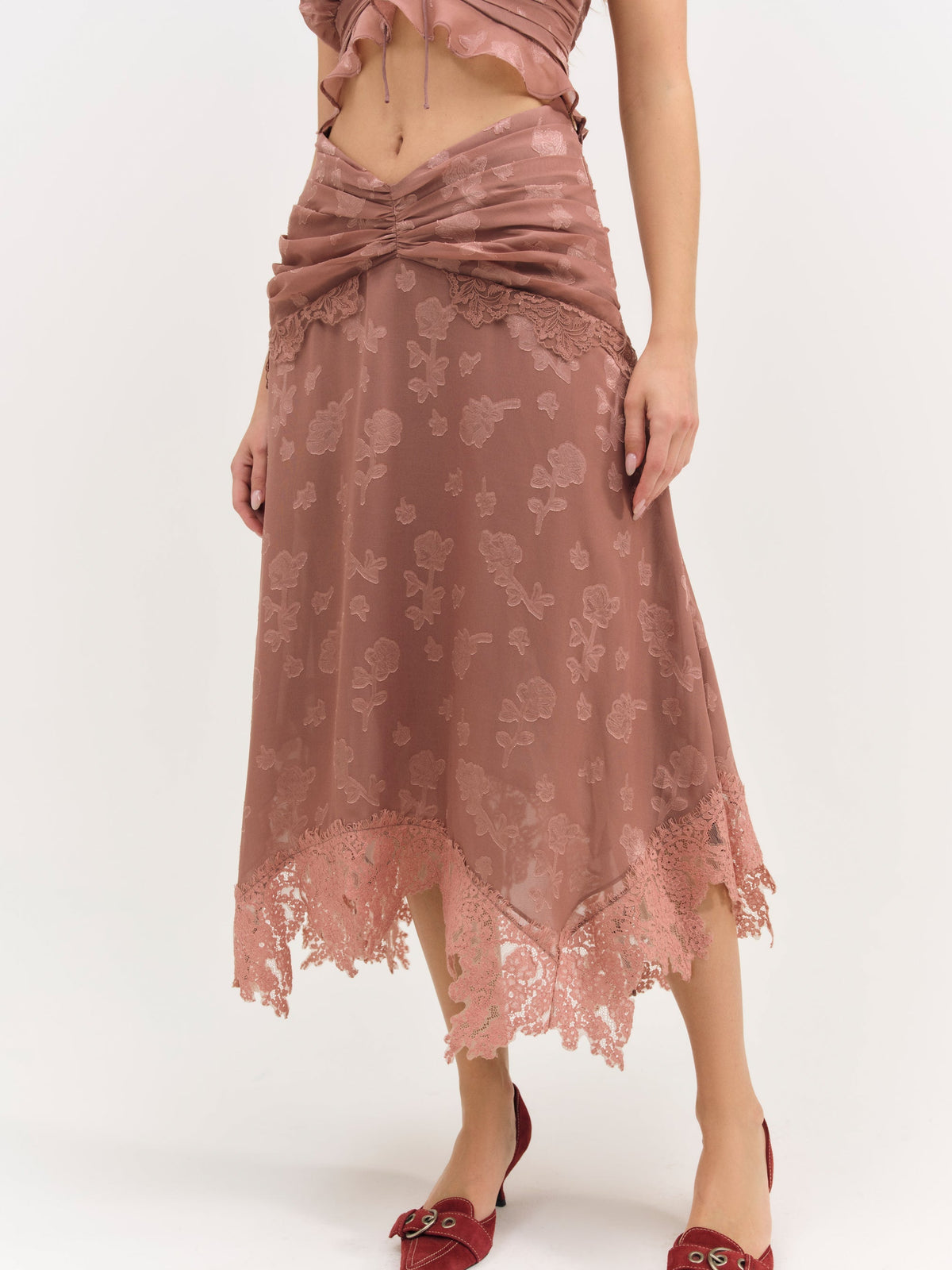 Colette Satin Burnout Midi Skirt Mahogany - For Love & Lemons
