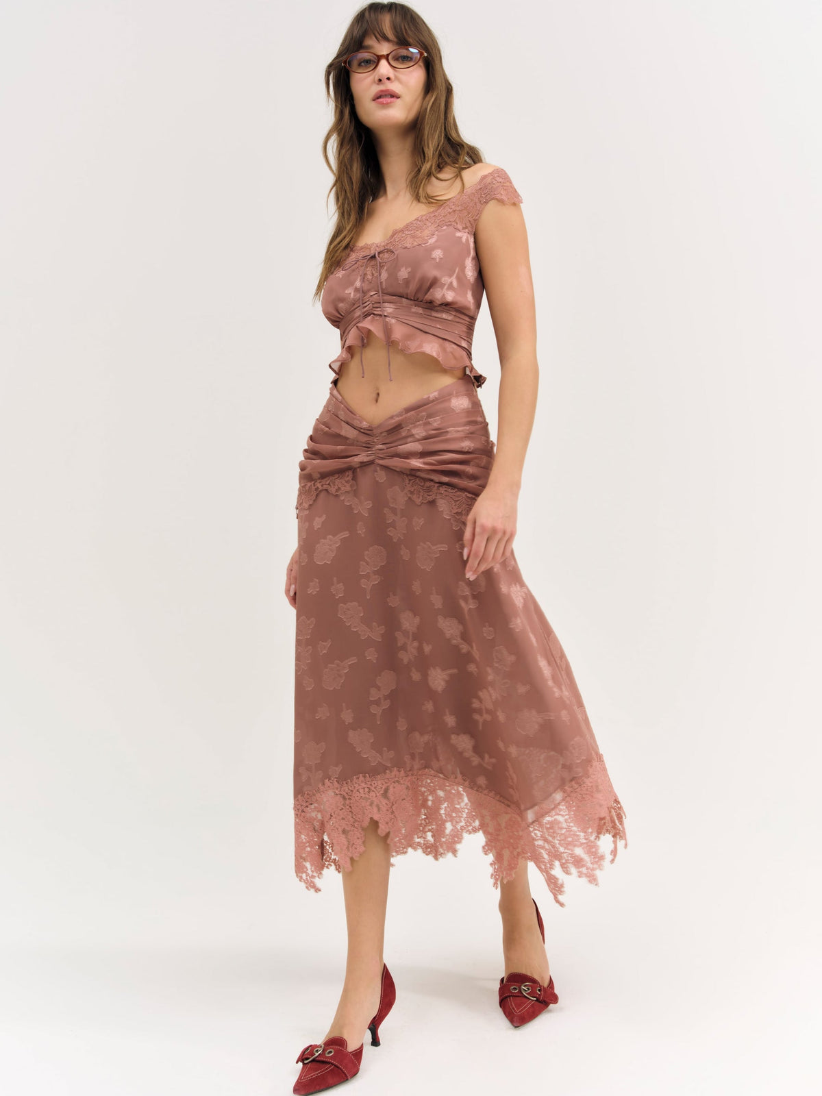 Colette Satin Burnout Midi Skirt Mahogany - For Love & Lemons