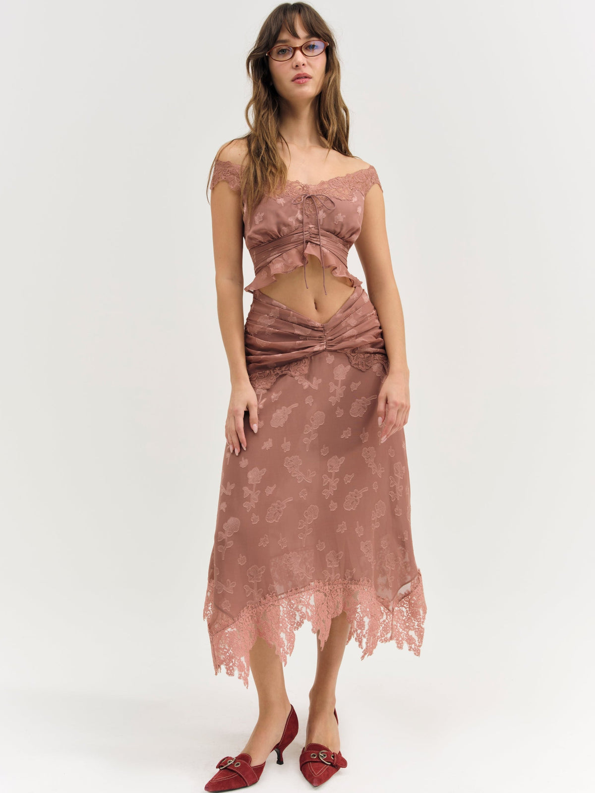 Colette Satin Burnout Midi Skirt Mahogany - For Love & Lemons