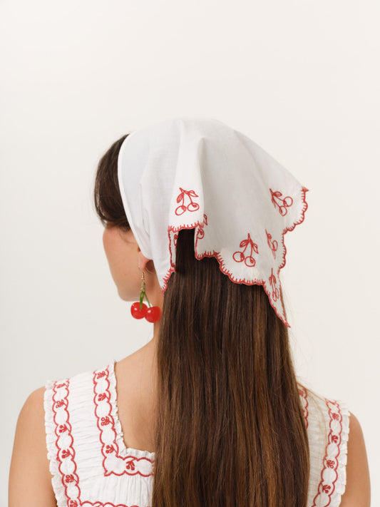 Cherry Embroidred Poplin Headscarf White - For Love & Lemons