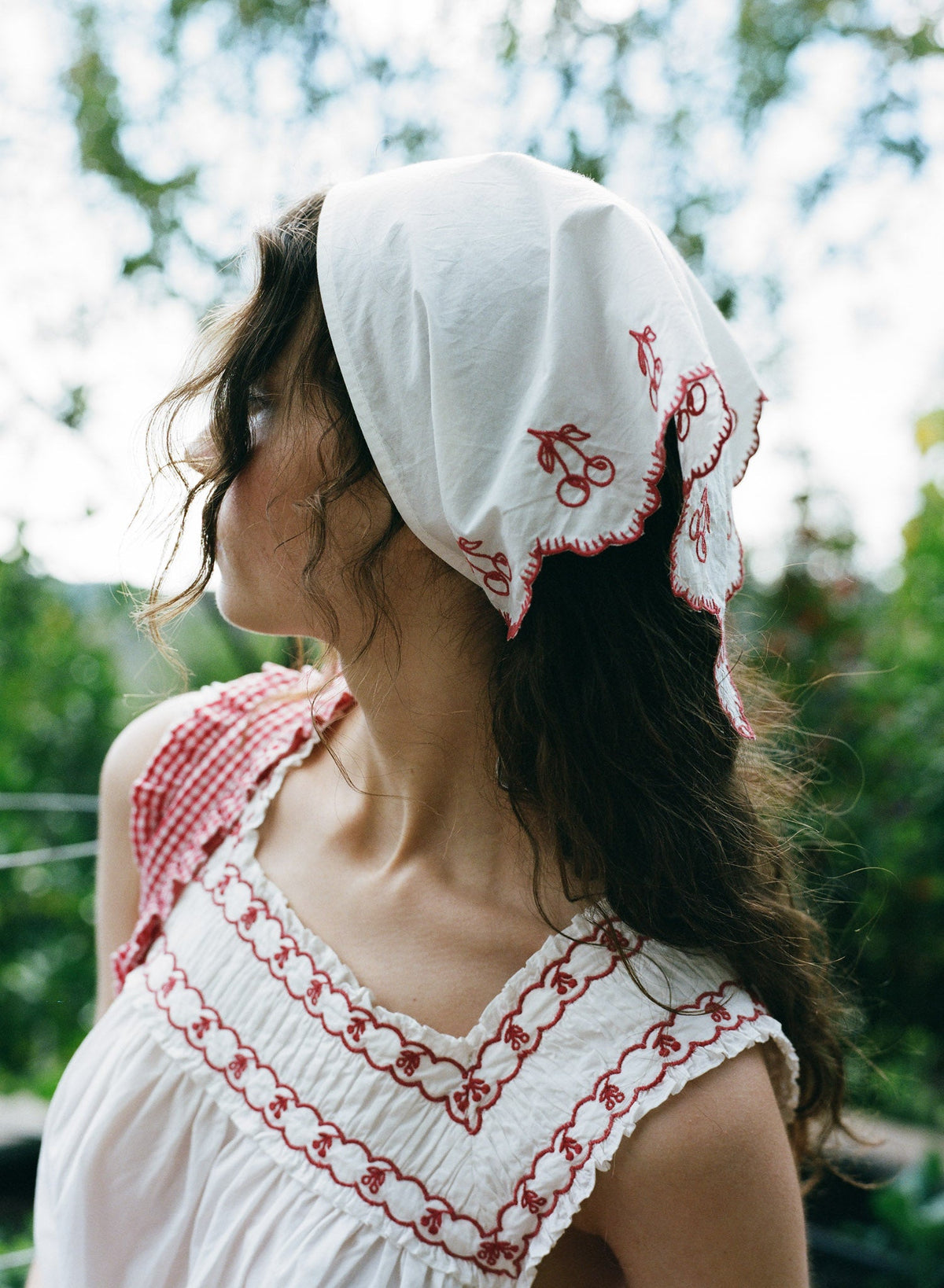 Cherry Embroidred Poplin Headscarf White - For Love & Lemons